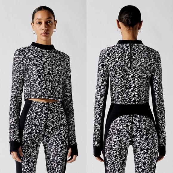 Sweaty Betty Power Zip Back Long Sleeve Crop Top Black Mini Geo Build Print - Picture 1 of 11
